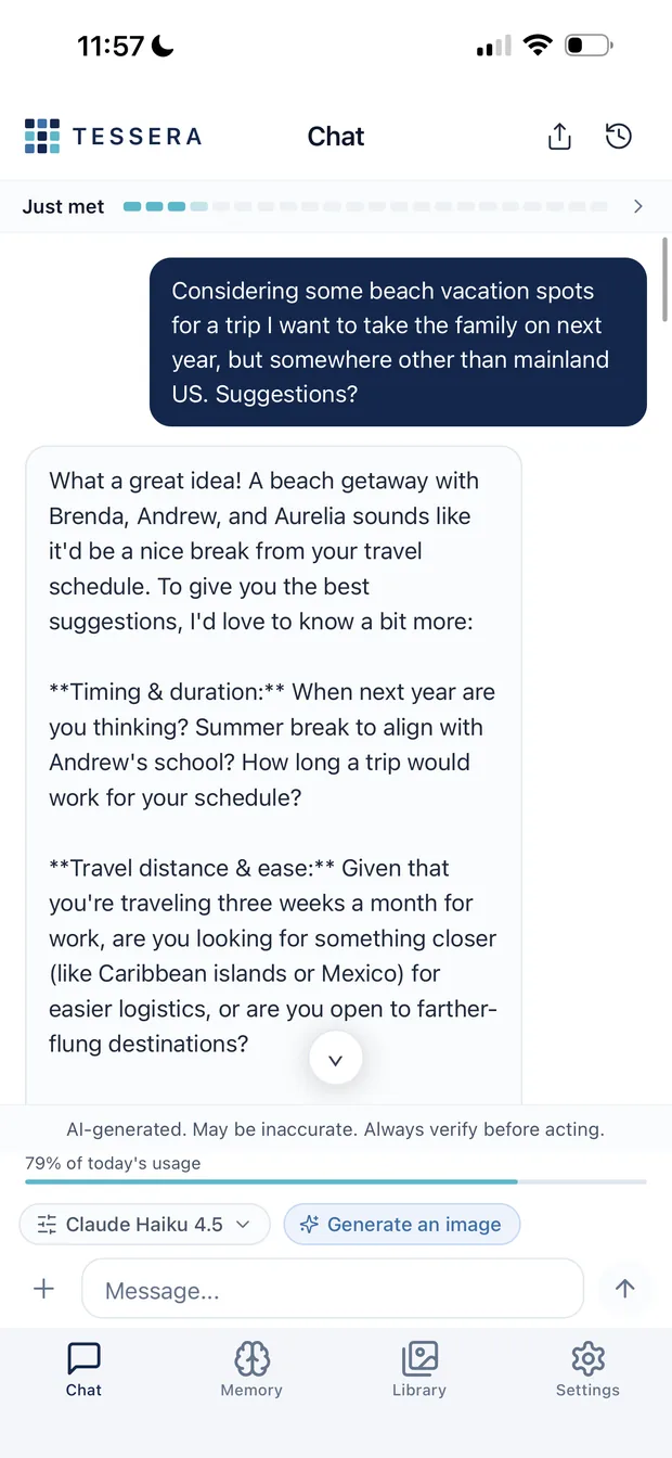 Tessera chat: a question about beach holidays, answered with the family members' names and the person's three-weeks-a-month travel schedule already taken into account.