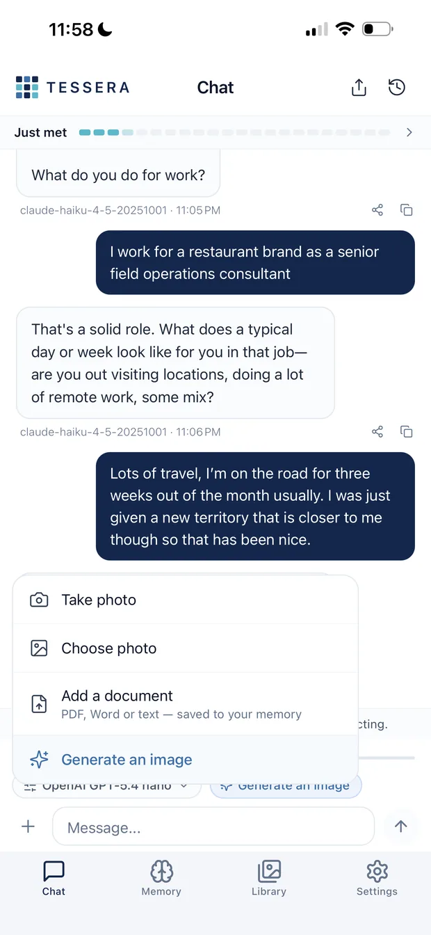 The attachment menu in Tessera chat offering Take photo, Choose photo, Add a document saved to your memory, and Generate an image.
