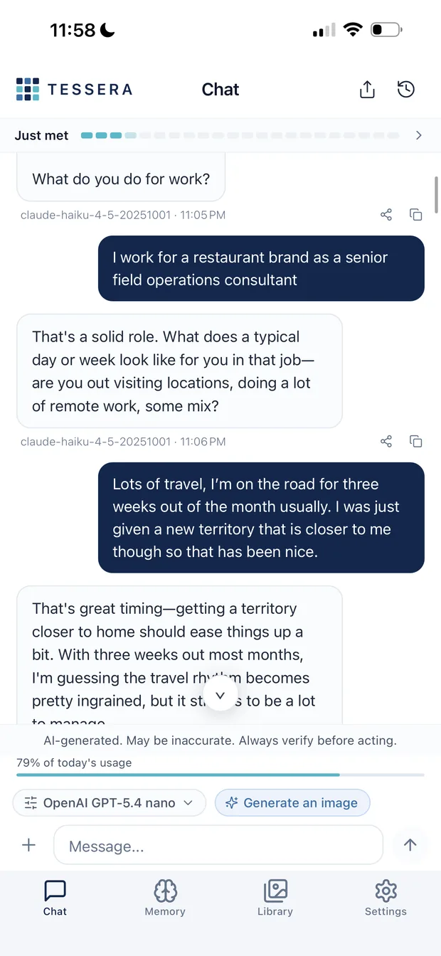 Tessera chat during onboarding, asking what the person does for work and following up on their answer about travelling for a restaurant brand.