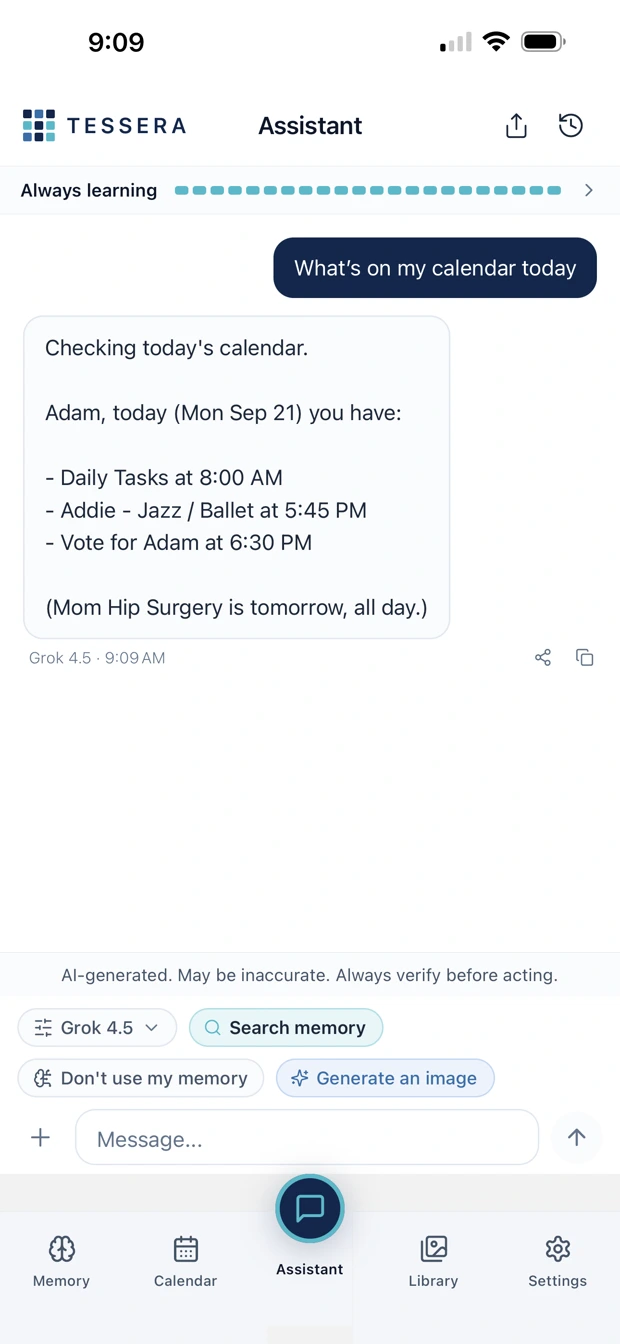 A conversation asking what is on the calendar today, answered with that day's events already on file.