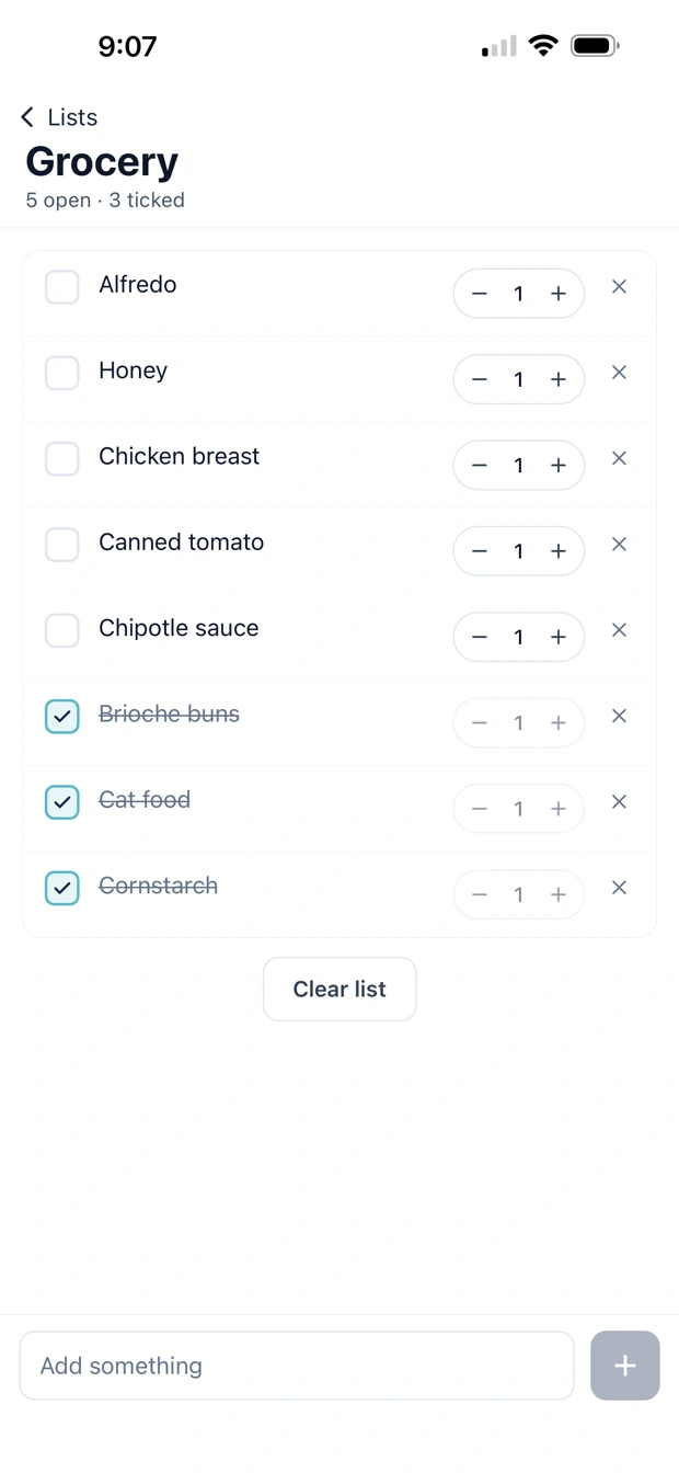 A grocery list with open items, ticked items, quantities, and a field to add something.