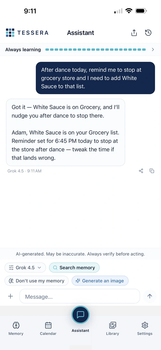 One message that adds an item to a list and sets a reminder, both confirmed in the reply.