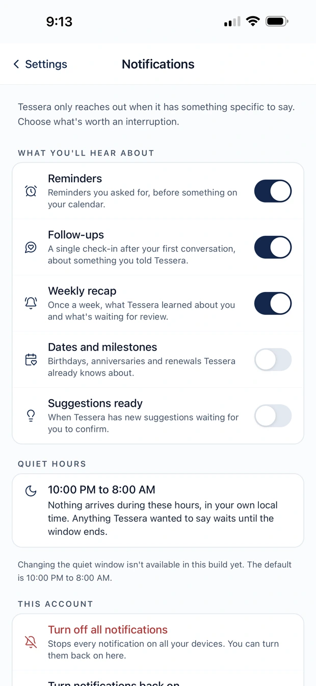 Notification settings: five kinds of notification, each one on or off, plus quiet hours.