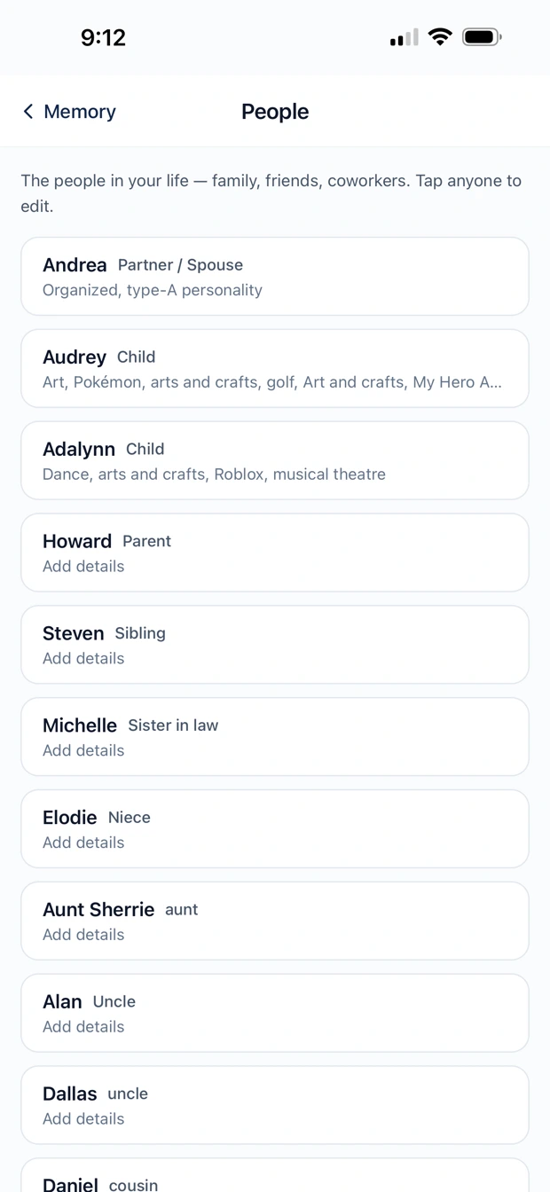 The People screen, listing saved people and how they are related to you.