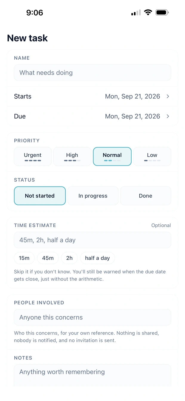 The New task screen: a name, start and due dates, priority, status, time estimate, people involved and notes.