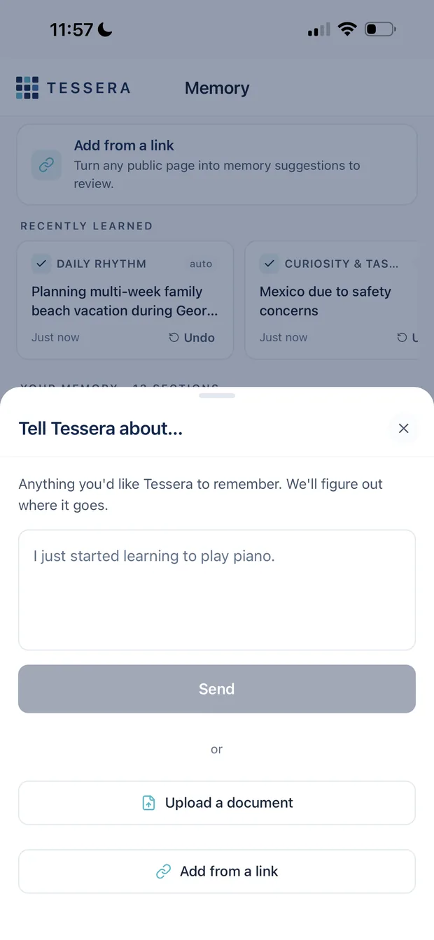 A sheet titled Tell Tessera about, with a free-text box reading I just started learning to play piano, plus Upload a document and Add from a link buttons.