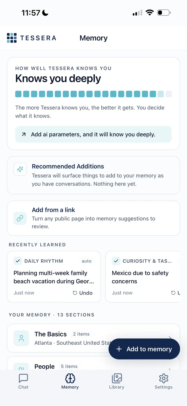 The Memory screen: a How well Tessera knows you meter reading Knows you deeply, a Recommended Additions card, and a Recently Learned row with an Undo control on each item.