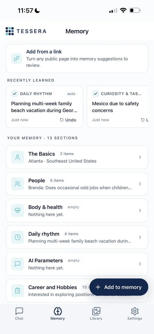 The memory list showing thirteen sections with item counts: The Basics, People, Body and health, Daily rhythm, AI Parameters and Career and Hobbies.