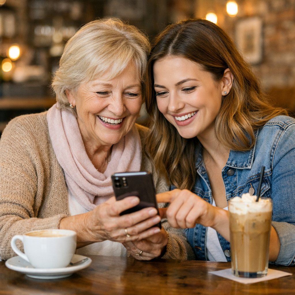 Two women in a café laughing at something on a phone