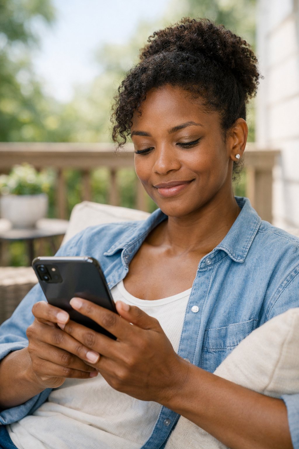 A woman relaxing on a porch, reading her phone